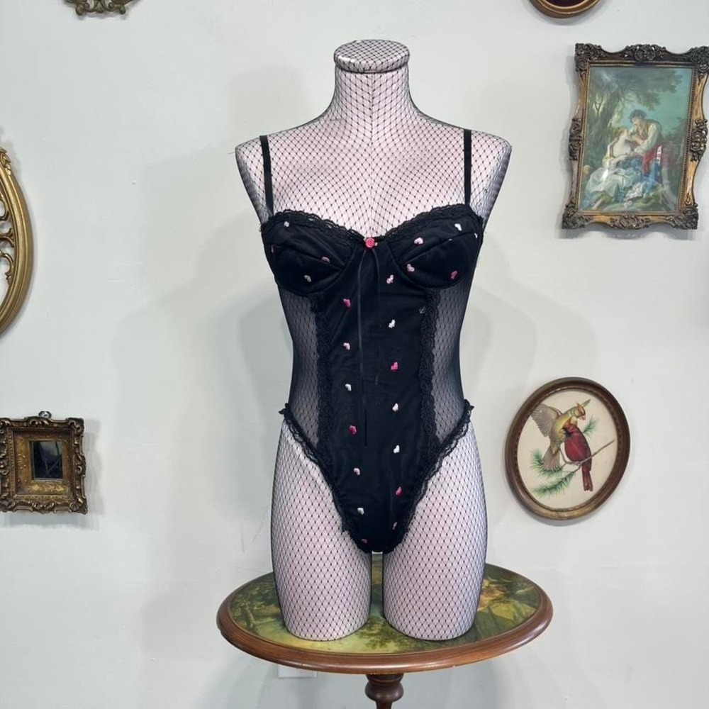 Vintage Black Embroidered Lace‎ Bodysuit with Pink Heart Details